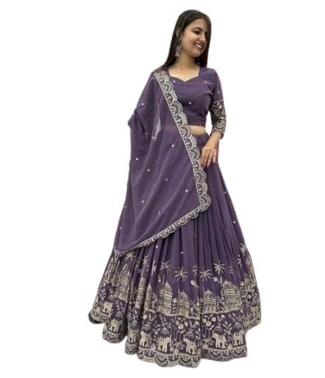 Women's Vichitra Silk Embroidered Semi Stitched Lehenga Choli With Dupatta