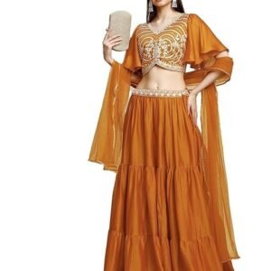 womens' Lehenga And Aliyacut Choli Vichitra Silk With Dupatta Net With Embroidery Work Set(M-2488 Orange)