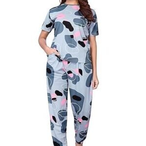 Women'S Cotton Lycra Printed & Knitted Round Neck Night Wear Set Of Top And Pazama