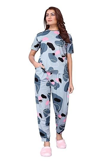 Women'S Cotton Lycra Printed & Knitted Round Neck Night Wear Set Of Top And Pazama