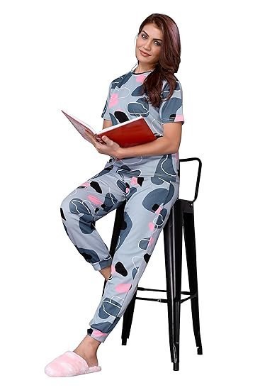 Women'S Cotton Lycra Printed & Knitted Round Neck Night Wear Set Of Top And Pazama - Image 2