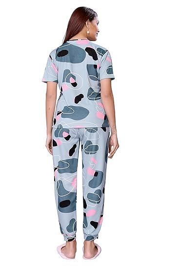 Women'S Cotton Lycra Printed & Knitted Round Neck Night Wear Set Of Top And Pazama - Image 3
