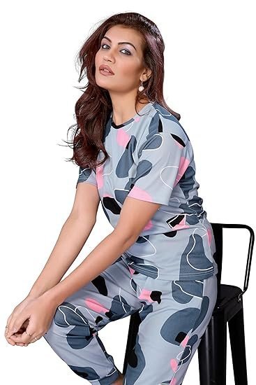 Women'S Cotton Lycra Printed & Knitted Round Neck Night Wear Set Of Top And Pazama - Image 4