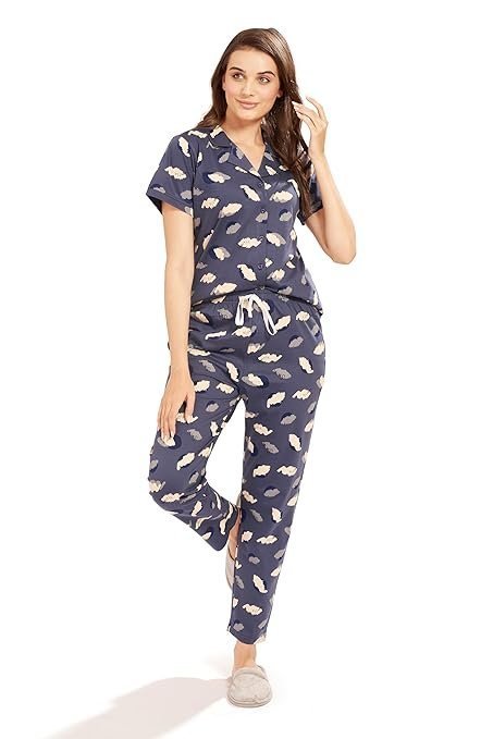 Women's Cotton Printed Night Suit Set of Shirt & Pajama Set | Casual Night Dress for Women - 4123