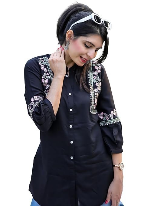 Women's Rust Viscose Rayon Embroidered A-line Short Kurti | Short Kurti for Women | Top for Office | Women's Tunics Tops | Regular Fit Top