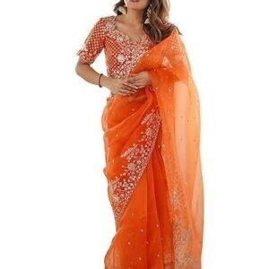 Women'S Organza Sequin Embroidery Saree With Unstitched Blouse Piece