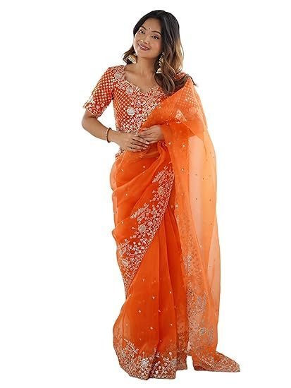 Women'S Organza Sequin Embroidery Saree With Unstitched Blouse Piece