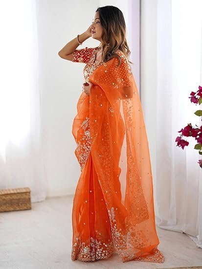 Women'S Organza Sequin Embroidery Saree With Unstitched Blouse Piece - Image 4