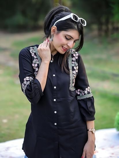 Women's Rust Viscose Rayon Embroidered A-line Short Kurti | Short Kurti for Women | Top for Office | Women's Tunics Tops | Regular Fit Top - Image 5