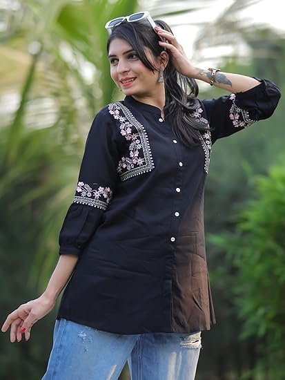 Women's Rust Viscose Rayon Embroidered A-line Short Kurti | Short Kurti for Women | Top for Office | Women's Tunics Tops | Regular Fit Top - Image 3