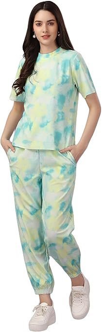 Women's Night Suit Set for Women, Lounge Wear, Printed Top and Pyjama Set for Women Nightwear/Loungewear/Night Dress for Women Knitted Tie & Dye Printed Crop T-Shirt -Pyjama