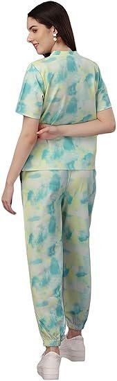 Women's Night Suit Set for Women, Lounge Wear, Printed Top and Pyjama Set for Women Nightwear/Loungewear/Night Dress for Women Knitted Tie & Dye Printed Crop T-Shirt -Pyjama - Image 3