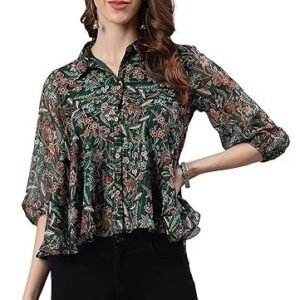 Women's Green Poly Georgette Floral Print Regular Top