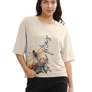 Beige Printed Loose Fit Crew-Neck Crop T-Shirt for Women