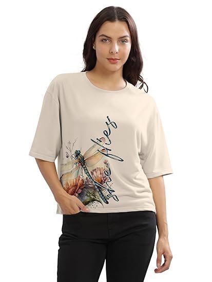 Beige Printed Loose Fit Crew-Neck Crop T-Shirt for Women