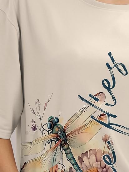 Beige Printed Loose Fit Crew-Neck Crop T-Shirt for Women - Image 3