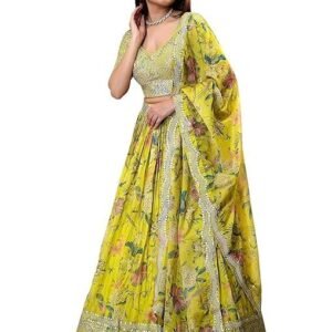 Women's Print And Sequins Embroidered Organza Semi-stitched Lehenga Choli Set With Dupatta (70666-Women-Lehenga-Choli-Latest)