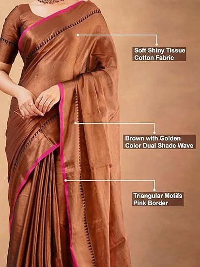 Women's Pure Tissue Cotton Handloom Saree with Unstitched Blouse Piece South Indian Saree - Image 2
