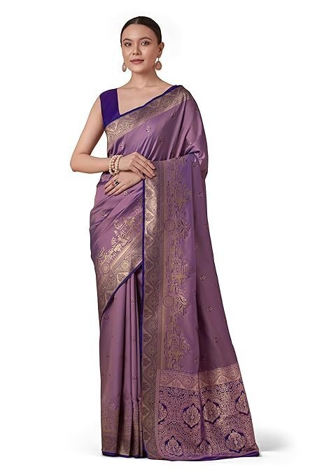 Women's Traditional Banarasi Silk Saree with Dulha Dulhan Design & Contrast Zari Pallu Comes with Unstitched Blouse