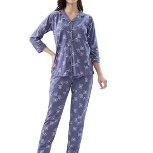 Women's Cotton Butterfly Printed Night Suit Set of Shirt & Pajama Set -4033