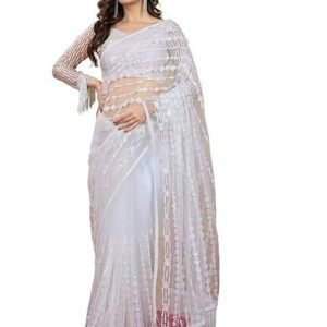 Women's Net Embroidery Sequence Work Saree with Unstitched Blouse Piece