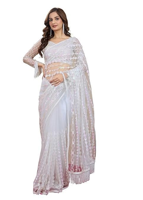 Women's Net Embroidery Sequence Work Saree with Unstitched Blouse Piece