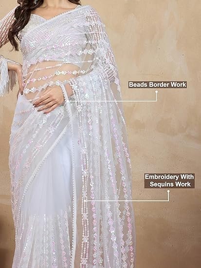 Women's Net Embroidery Sequence Work Saree with Unstitched Blouse Piece - Image 2