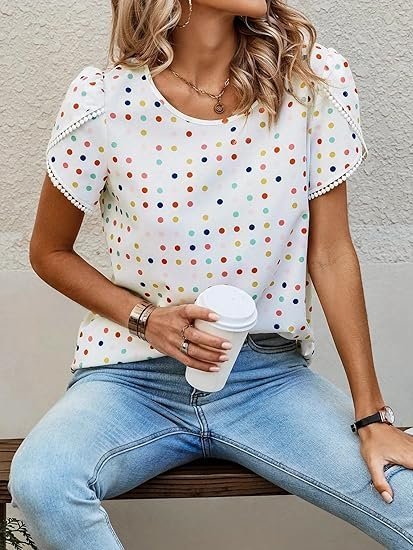 Women's Twill Polka Dot White Printed Half Sleeves Tops for Women - Image 2