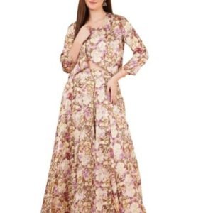 Three-Piece Lehenga Set, Crop Top and koti with Long Skirt, Vintage Print Indo-Western Dress (XL)
