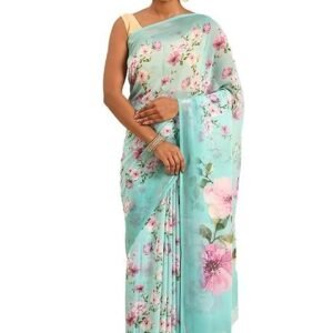 Stylish Women Georgette Saree Floral Printed Body with Zari Border Printed Pallu Ditsy Floral Blouse