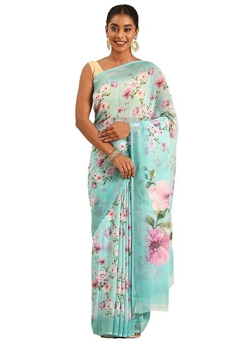 Stylish Women Georgette Saree Floral Printed Body with Zari Border Printed Pallu Ditsy Floral Blouse