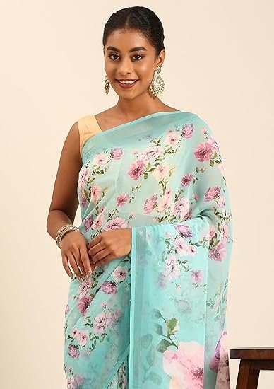 Stylish Women Georgette Saree Floral Printed Body with Zari Border Printed Pallu Ditsy Floral Blouse - Image 4