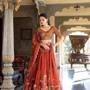 Women's Orange Sequence Embroidery Work Silk Semi-Sttiched Lehenga Choli-JH290ORG