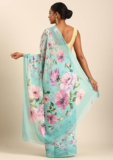Stylish Women Georgette Saree Floral Printed Body with Zari Border Printed Pallu Ditsy Floral Blouse - Image 2