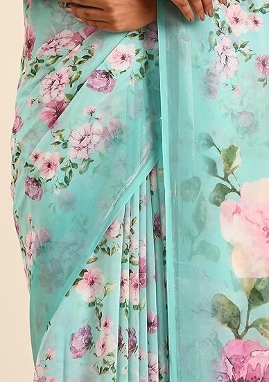Stylish Women Georgette Saree Floral Printed Body with Zari Border Printed Pallu Ditsy Floral Blouse - Image 3