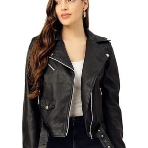 Full Sleeve Black Solid Jacket for Woman's Biker Style