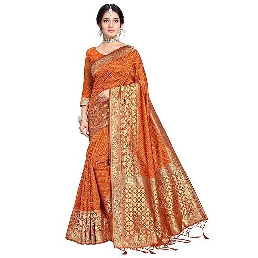 Women's Thread And Zari Work Woven Banarasi Saree With Tassels And Unstitched Blouse Piece (Mysoremagic)
