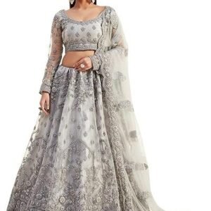 Women's Grey Net Embroidered A Line Lehenga
