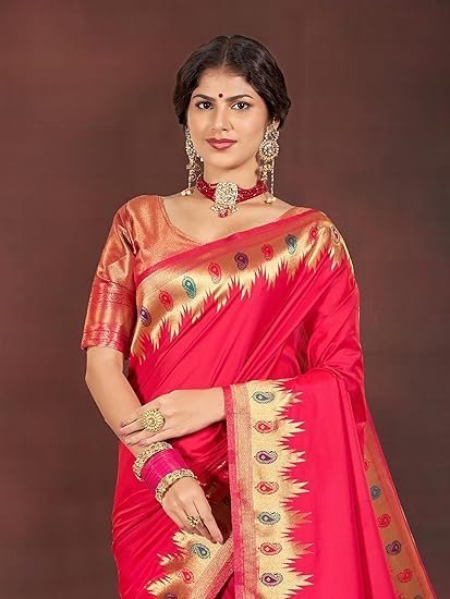 Banarasi Silk Jacquard Saree Rich Pallu and Zari Border with Unstitched Blouse Piece - Image 4