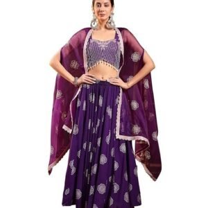 Women's Violet Embroidered Rayon Lehenga Choli With Shrug