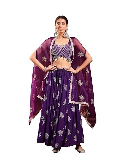 Women's Violet Embroidered Rayon Lehenga Choli With Shrug
