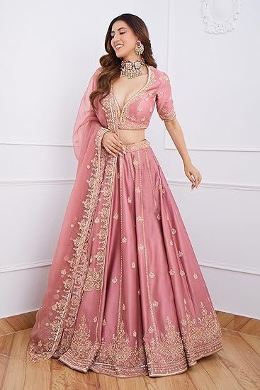 Women's Satin Embroidery Sequence Work Lehenga Choli Set with Dupatta For Women SemiStitch | Stylish Wedding Lehenga Choli for women - Image 5
