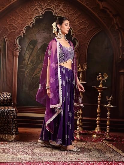 Women's Violet Embroidered Rayon Lehenga Choli With Shrug - Image 4