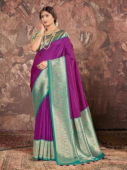 Banarasi Silk Jacquard Saree Rich Pallu and Zari Border with Unstitched Blouse Piece - Image 2