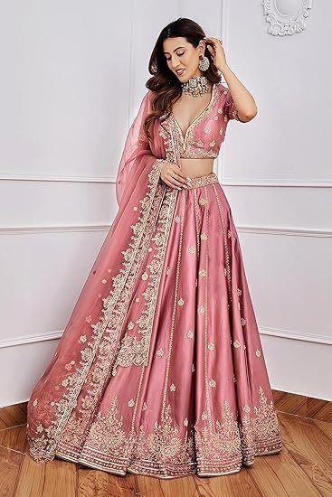 Women's Satin Embroidery Sequence Work Lehenga Choli Set with Dupatta For Women SemiStitch | Stylish Wedding Lehenga Choli for women - Image 2