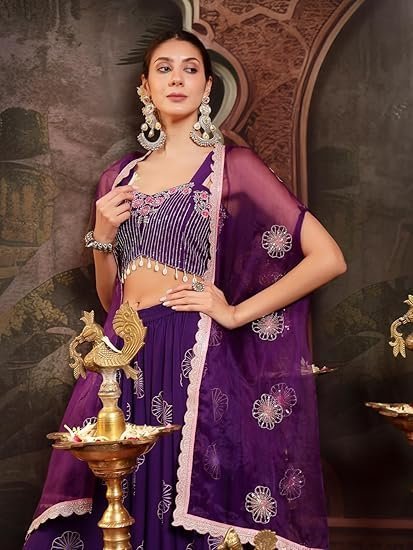 Women's Violet Embroidered Rayon Lehenga Choli With Shrug - Image 2