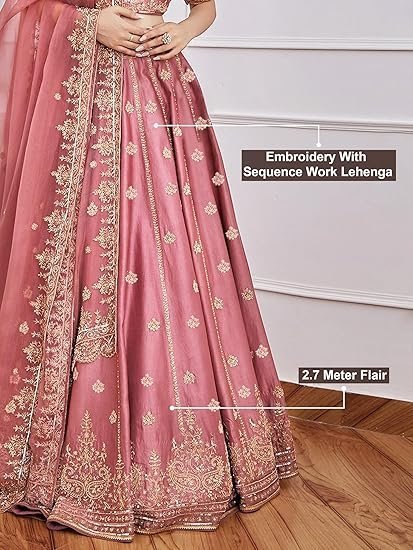 Women's Satin Embroidery Sequence Work Lehenga Choli Set with Dupatta For Women SemiStitch | Stylish Wedding Lehenga Choli for women - Image 3