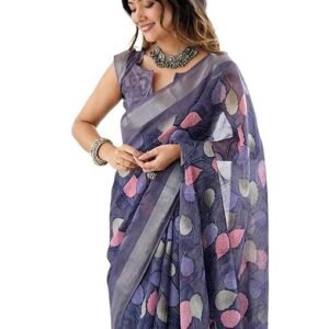 Women's Linen Weaving Border Printed Saree with Unstitched Blouse Piece
