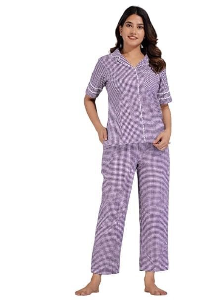 Checkered Pure Cotton Night Suit for Women | Comfortable & Stylish Half Sleeve Co-ord Set | Soft & Cozy Night Top & Pyjama Set