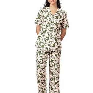 Women Floral Print Night Suit | Soft & Comfortable Nightwear(Green& White)